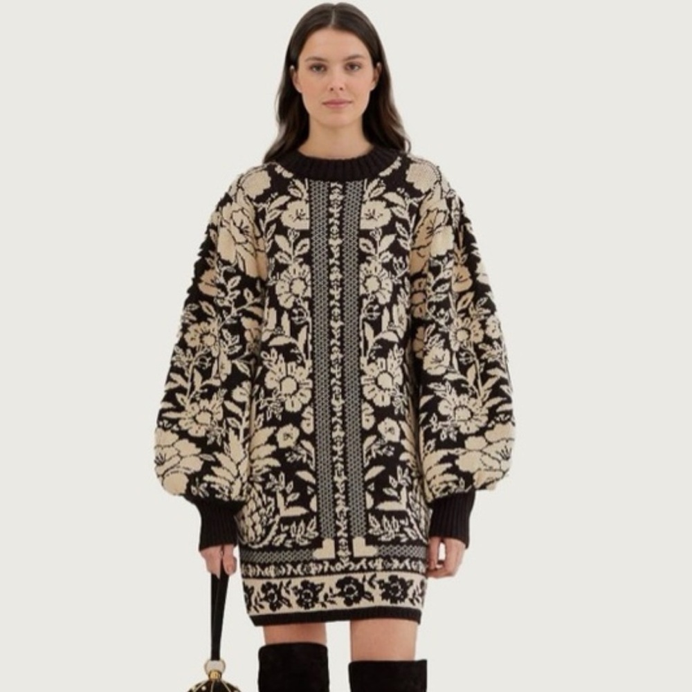 🍓 Farm Rio for Anthropologie NWT Floral Knit Sweater Dress Black & Cream Large